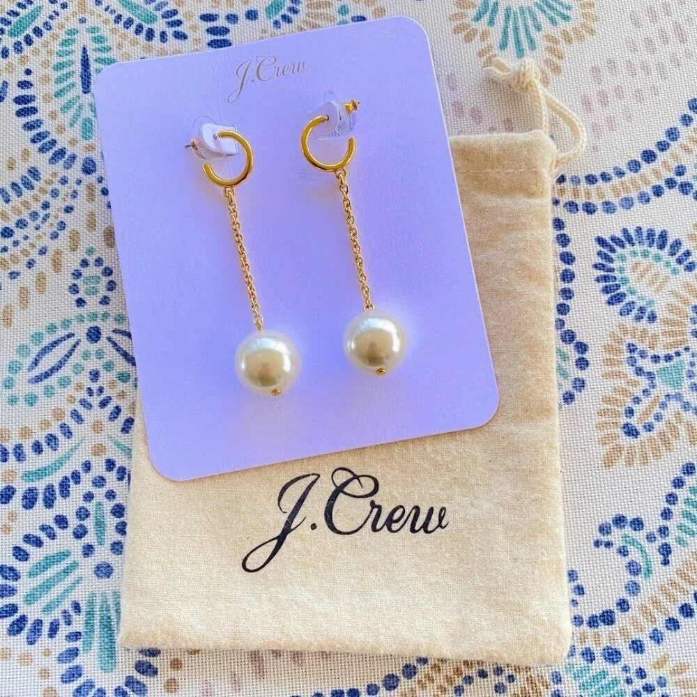 J. Crew Large Pearl and Chain Drop Gold Tone Earrings NWT